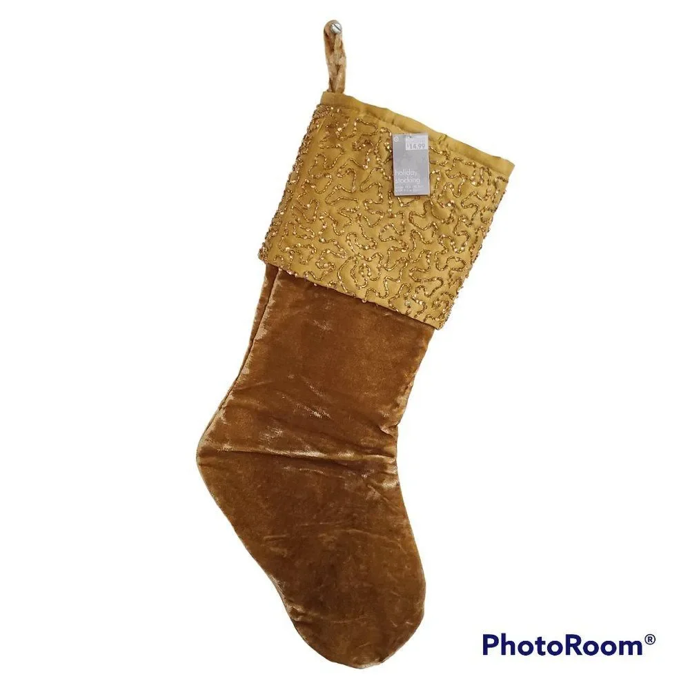 Target Elegant Gold Holiday Stocking Beaded Satin Brushed Velvet Look NEW NWT